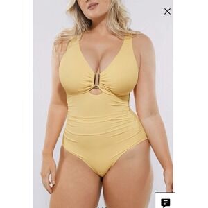 Shapellx Smart Sculpt Ruched U-Wire Cut Out One Piece Swimsuit Cream Yellow M